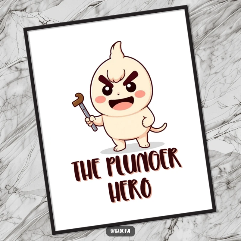 Funny Digital Art Print of a kawaii character holding a plunger with a determined grin, offering instant humorous decor.