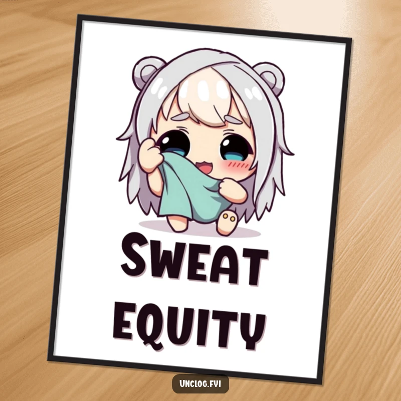 Funny digital art print of a character happily wiping sweat from their brow with a rag, expressing relief and satisfaction after hard work.