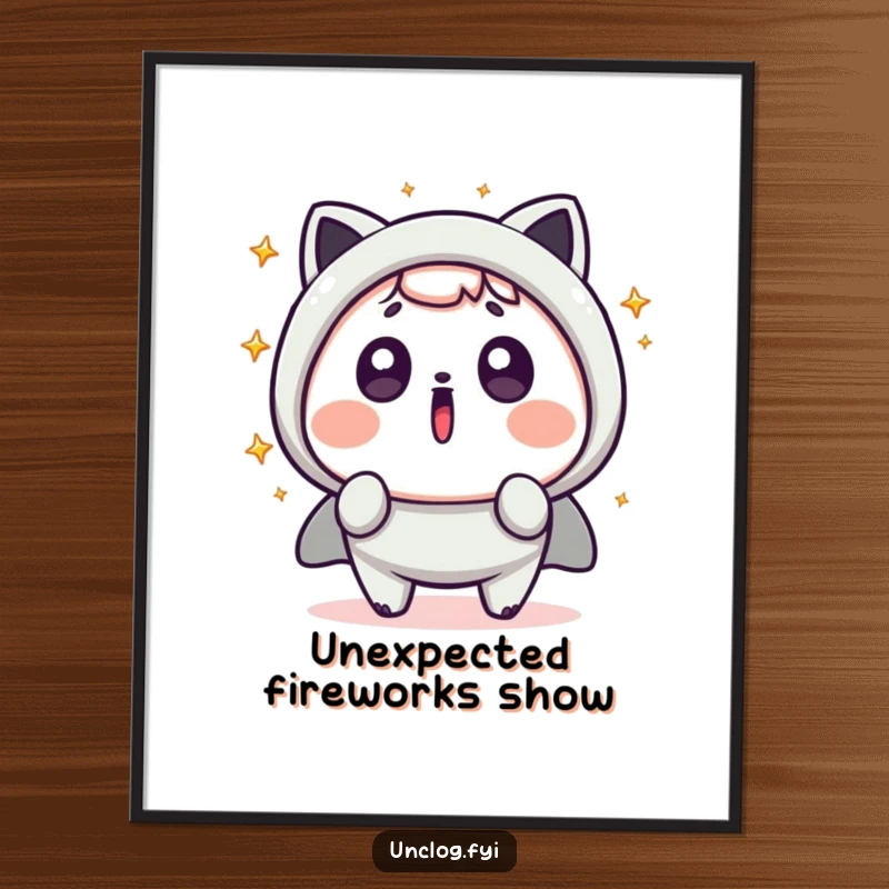 Funny Kawaii Digital Art Print of a cute character shocked, with vibrant sparks flying, offering an instant hit of humor and surprise.