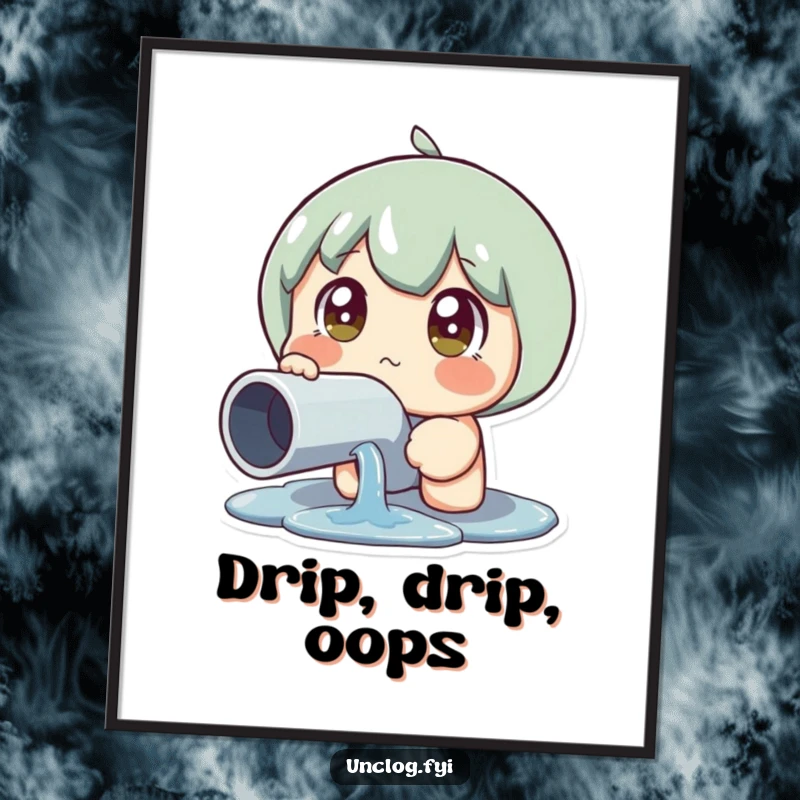 Funny Leaky Pipe Reaction Digital Art Print of a character with wide eyes staring at a leaky pipe, capturing relatable panic, perfect funny gift.
