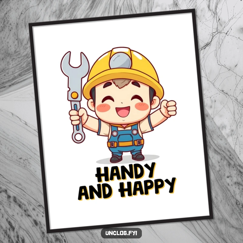 Funny mechanic digital art print of a cute character holding a shining wrench with pride, offering instant humorous and DIY wall decor.