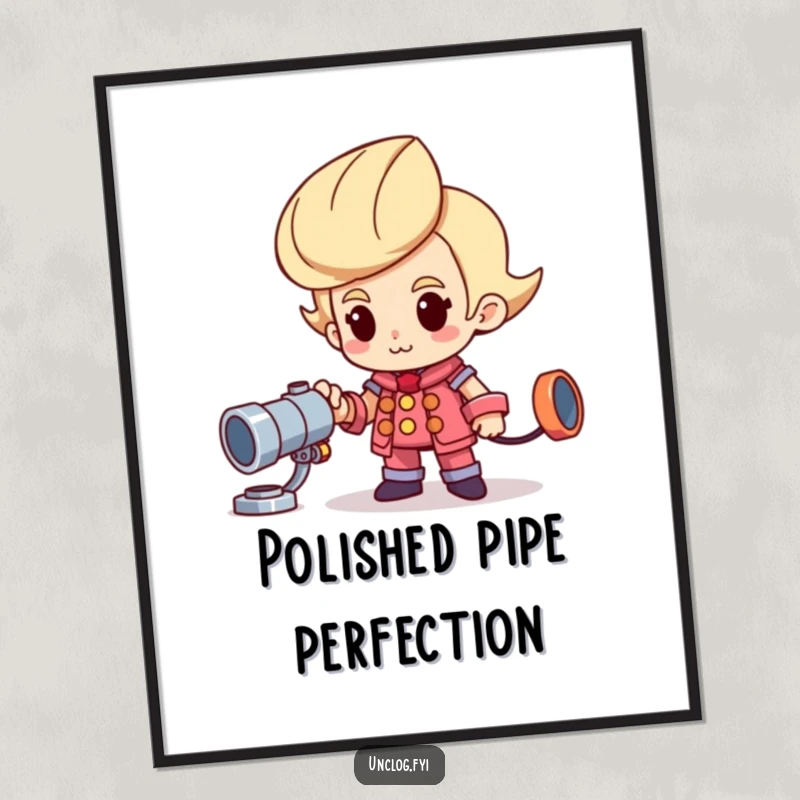 Funny digital art print of a proud character standing next to a shiny new pipe, a humorous statement piece.