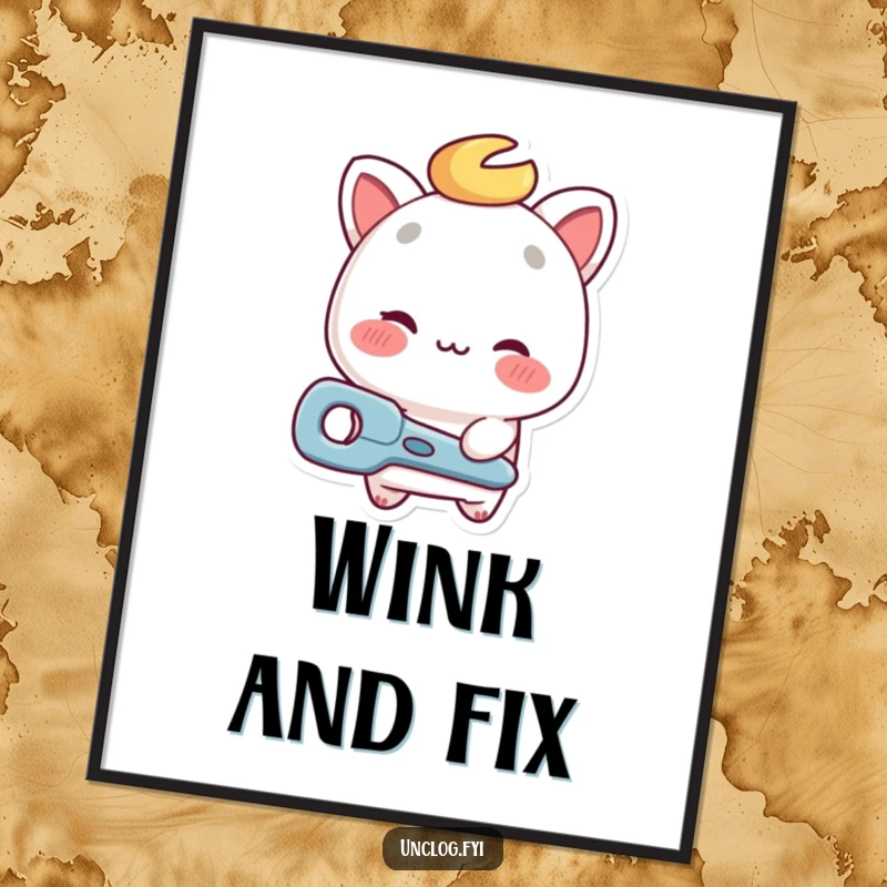 Funny repair guy digital art print of a character winking and offering a repair tool, symbolizing helpfulness.
