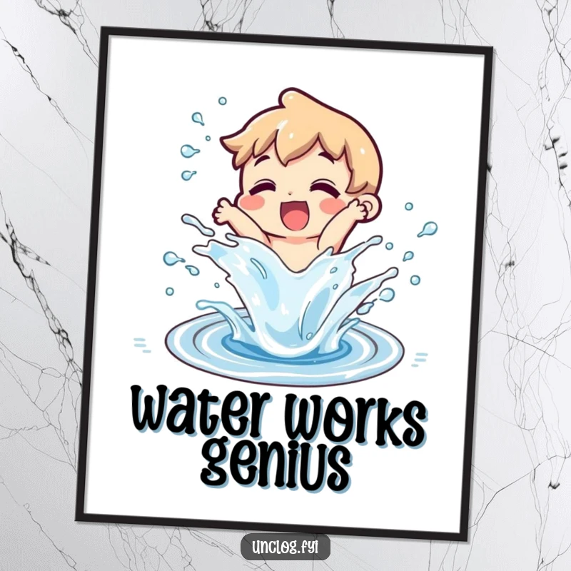 Funny character joyfully splashing water from a successfully unclogged drain in digital art, perfect for humorous decor.