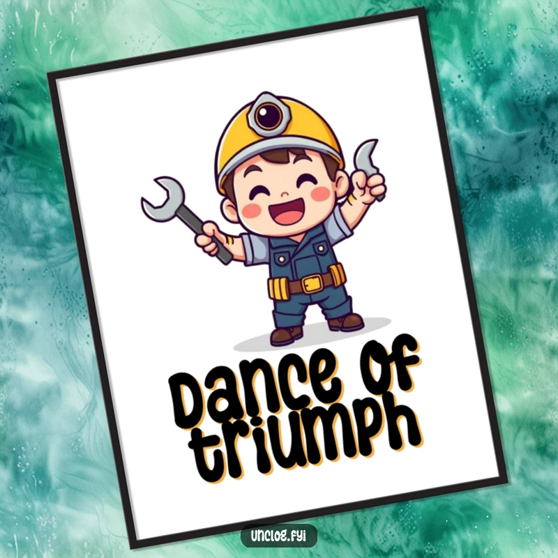 Funny digital art print of a character doing a victory dance with a wrench, symbolizing success and joy.