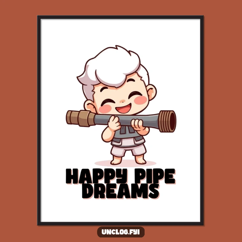 Funny Plumber's Art Print: Happy Character Fixing Pipe, Vibrant Funny Gift Decor Piece