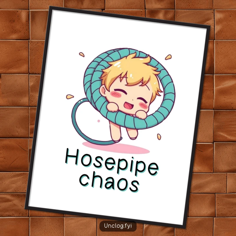 Funny digital art print of a character comically tangled in a garden hosepipe, offering a humorous visual for any screen.