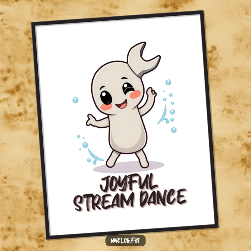 Funny Digital Art Print of a pipe wrench character playfully dancing with a bubbly stream, perfect for instant humor.