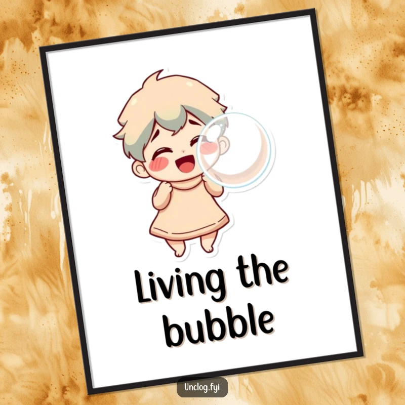 Funny Digital Art Print of a character blowing a large, triumphant bubble, offering an instant dose of pure joy and playful humor.