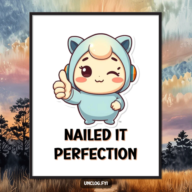 Funny digital art print of a cute character giving a happy thumbs up, celebrating a successful fix instantly.