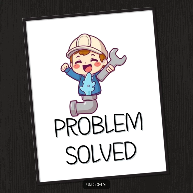 Funny digital art of a cute character gleefully holding a wrench above a gushing pipe icon, celebrating the art of repair.