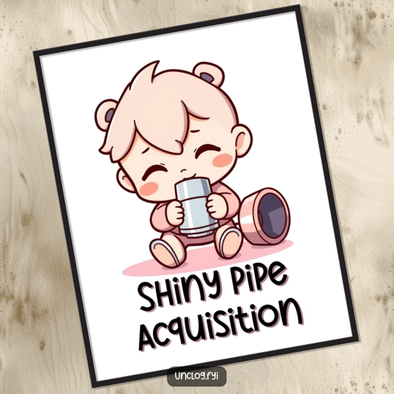Funny Digital Art Print of a character proudly holding a shiny pipe fitting, embodying a love for DIY, plumbing, and mechanical precision with humor.