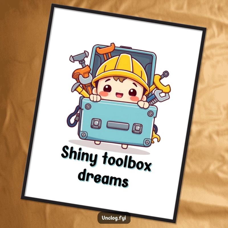 Funny digital art print of a happy character carrying a toolbox overflowing with shiny tools, ready for download.