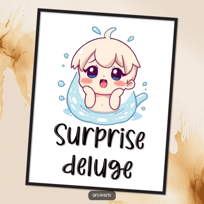 Funny digital art of a character with a surprised smile looking at overflowing water, depicting a comical and relatable moment humorously.