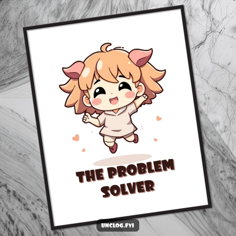 Funny digital art print of an energetic character in a high jump, symbolizing the moment of solving a problem with excitement.