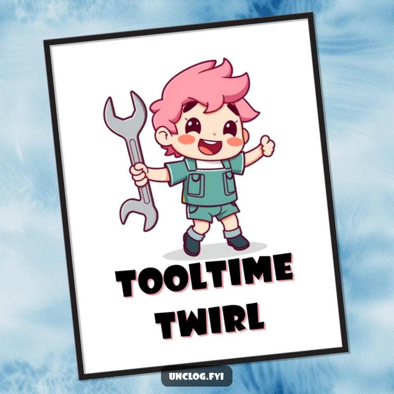 Funny character joyfully dancing with a wrench as a partner in digital art, perfect for humorous mechanical decor.