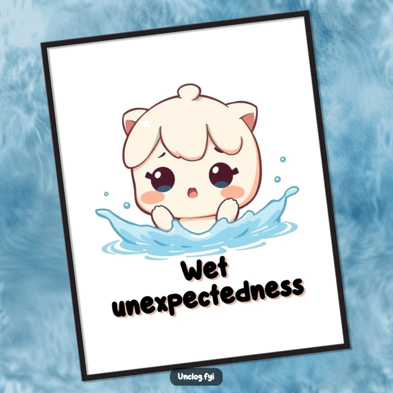 Funny Digital Art Print of a kawaii character looking surprised by a sudden water splash, offering instant humorous decor.