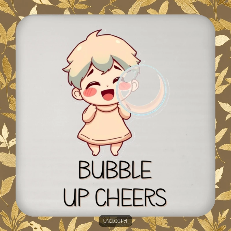 Funny Drink Coasters featuring a character blowing a large, triumphant bubble, adding a touch of cheerful humor to any setting.