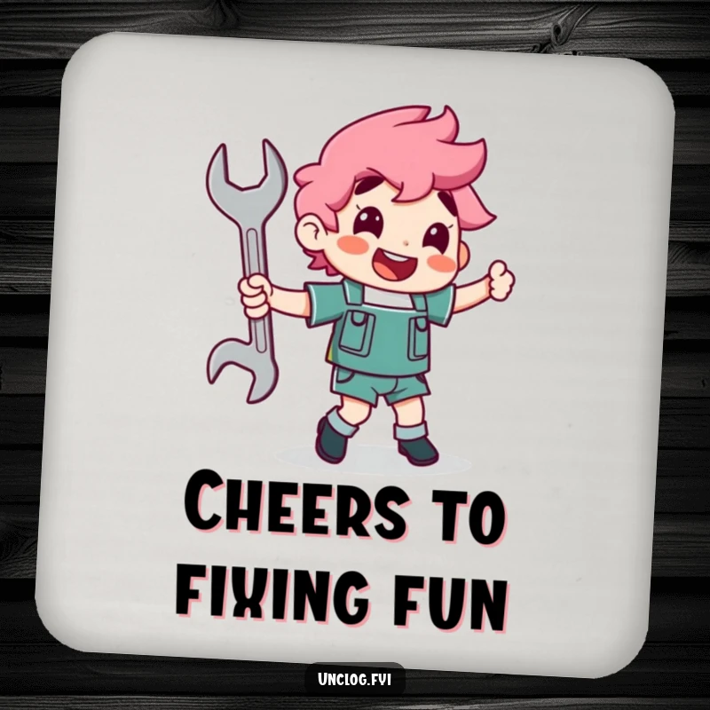 Funny character joyfully dancing with a wrench as a partner on a drink coaster, representing mechanical passion.