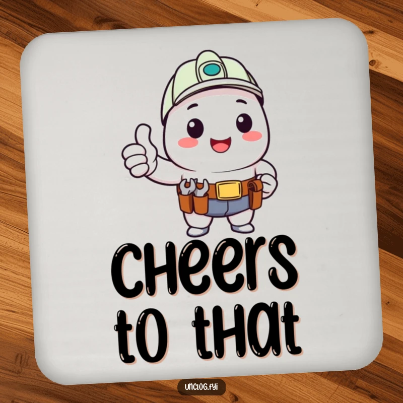 Funny Drink Coasters featuring a kawaii character giving a happy thumbs up with a tool belt, providing humorous table protection.