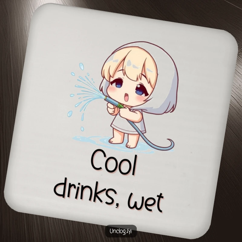 Funny drink coaster with a character playfully spraying water from a small hose, designed for table protection.