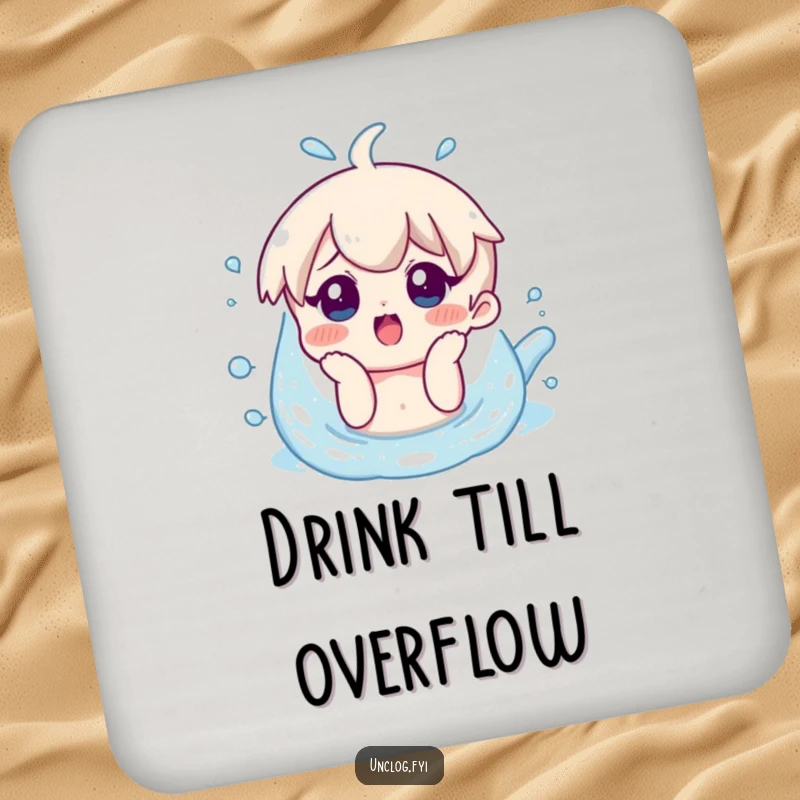 Funny drink coaster featuring a character with a surprised smile looking at overflowing water, protecting surfaces with comical relief.