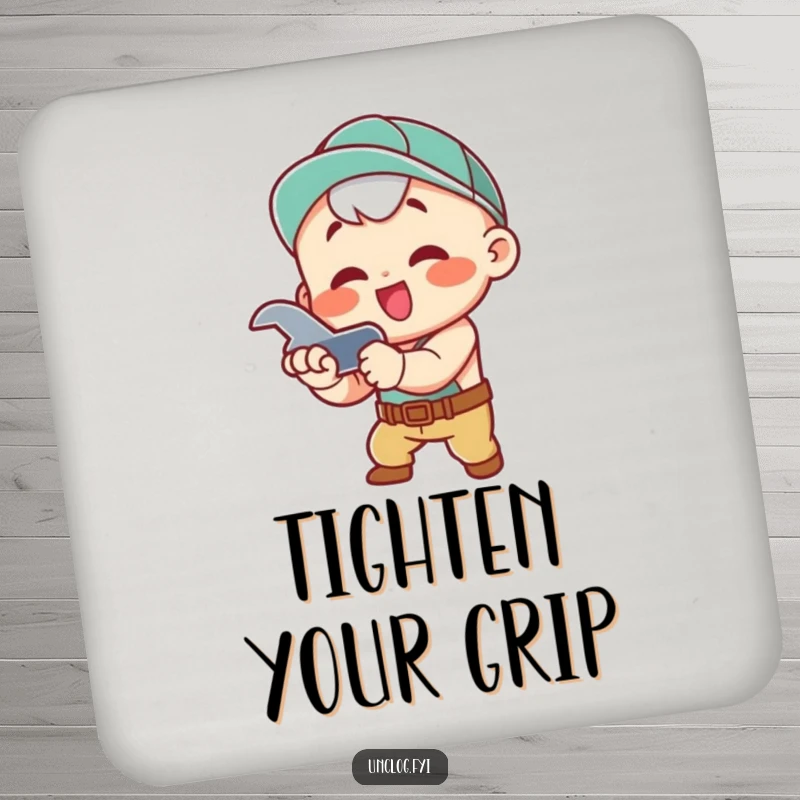 Funny Drink Coasters featuring a kawaii character enthusiastically tightening a pipe with a wrench, adding humorous protection.