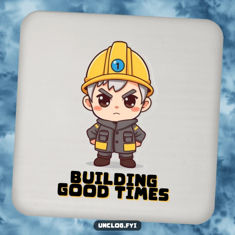 Funny drink coaster featuring a determined character wearing a small hard hat, ready to protect surfaces with humor.