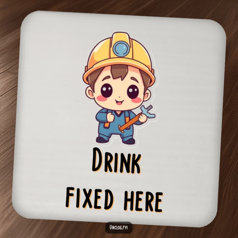 Funny Drink Coasters featuring a character in a hard hat, pleased with a repair, adding a touch of proud humor to any setting.
