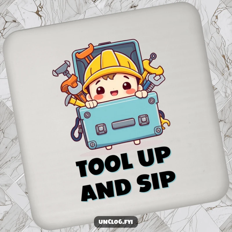 Funny coaster featuring a character carrying a toolbox packed with shiny tools, protecting drinks with a touch of humor.