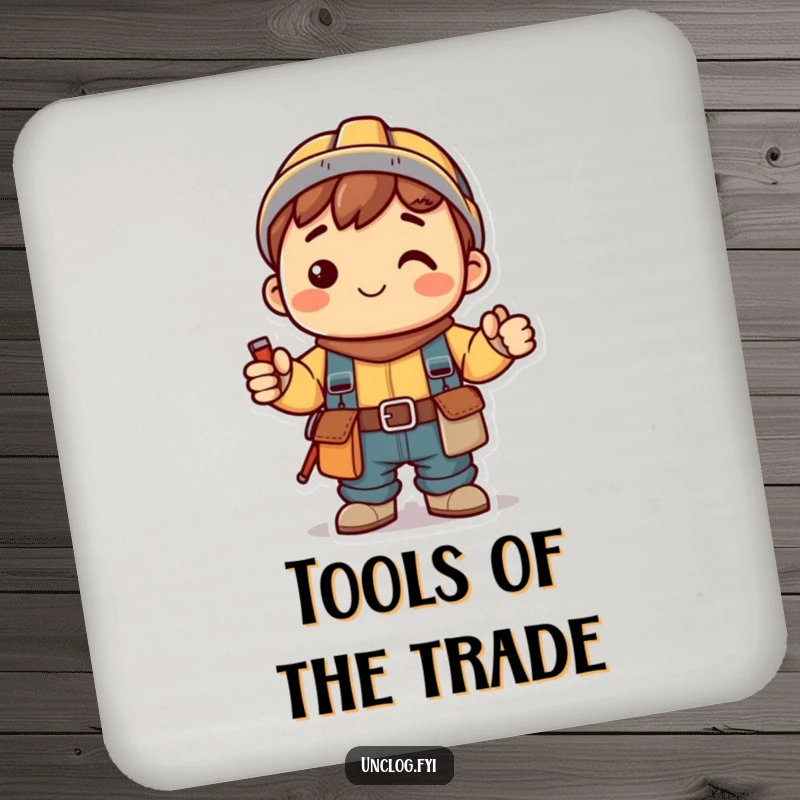 Funny Kawaii Coaster with a smiling handy character wearing a tool belt, designed to protect surfaces with a humorous DIY vibe.