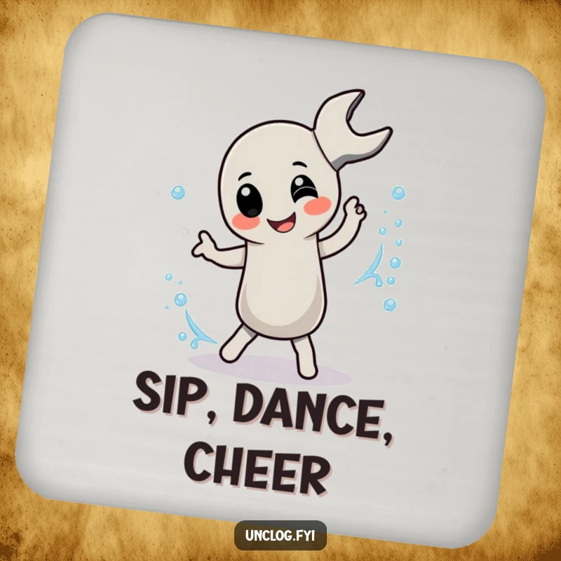 Funny Drink Coaster with a pipe wrench character playfully dancing with a bubbly stream, perfect for humorous table protection.