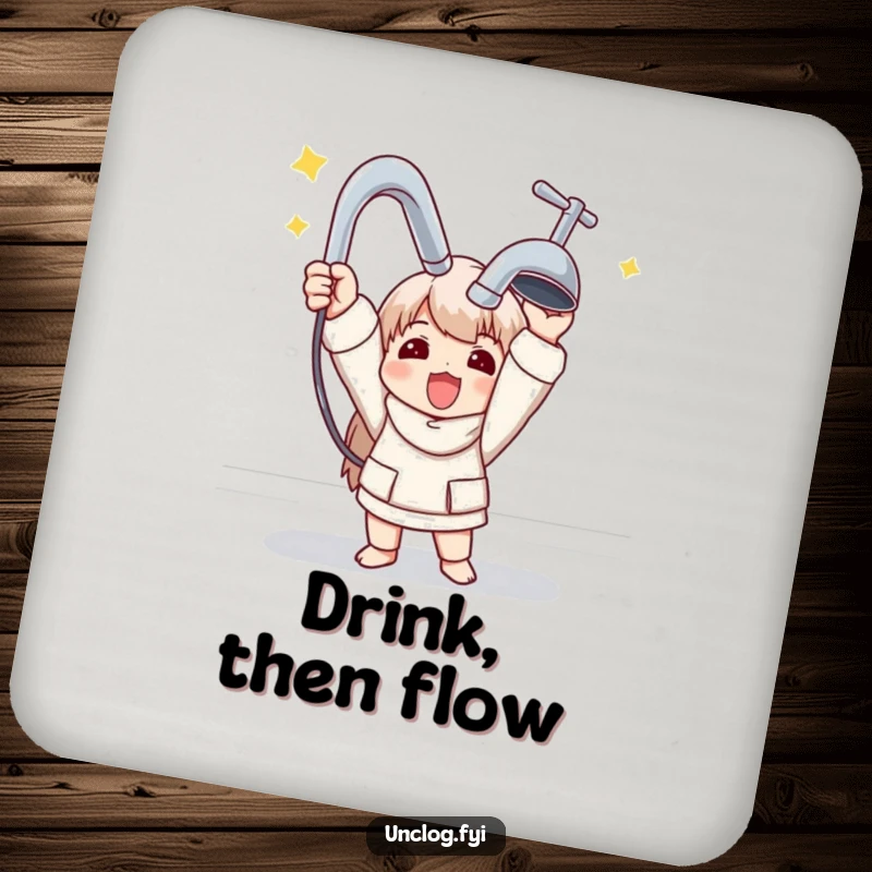 Funny drink coaster with a character triumphantly holding a shiny new faucet, designed for surface protection.