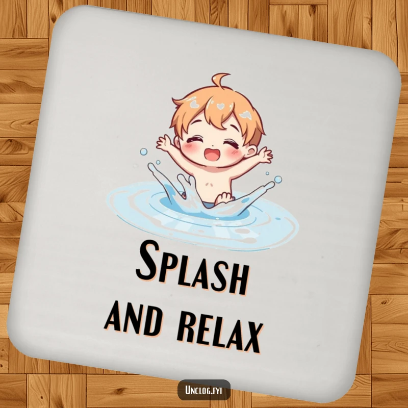 Funny Coaster featuring a character splashing in a clean water puddle, adding a touch of playful joy to drink protection.
