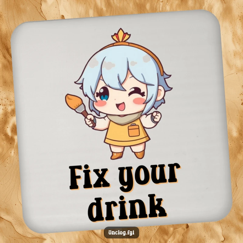 Funny coaster art featuring a character with a tiny paintbrush, performing art touch-ups, adding a humorous and artistic touch to any surface.