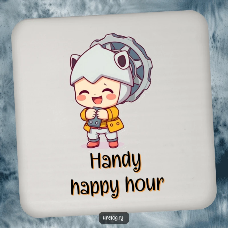 Cute character happily tightening a large bolt on a set of protective drink coasters.