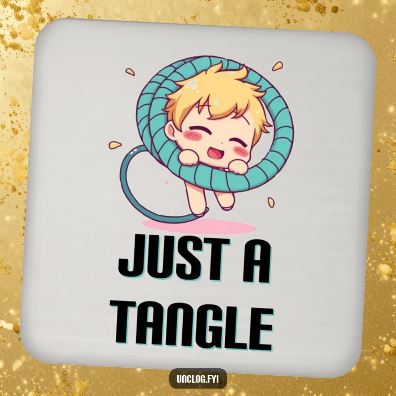 Funny drink coaster with a character comically tangled in a garden hosepipe, protecting surfaces with a humorous illustration.