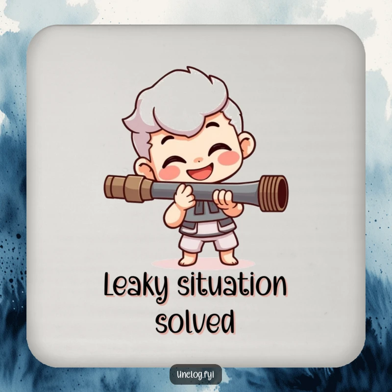 Funny drink coaster with a smiling character displaying happy determination while expertly tightening a pipe, a humorous addition to any table.