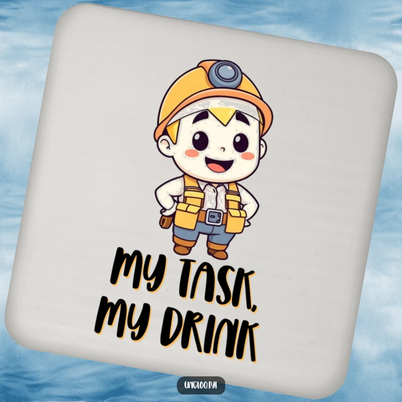 Funny drink coaster with a confident, smiling plumber character in a tool belt, designed for surface protection.