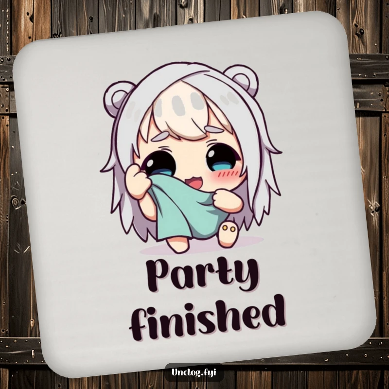 Funny drink coaster featuring a character happily wiping sweat from their brow with a rag, adding a touch of humorous relief.