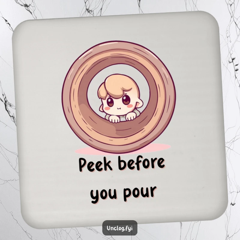 Funny drink coaster set featuring a character peeking around a pipe, offering playful protection for surfaces.