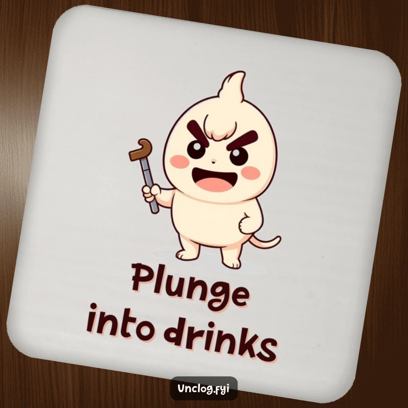 Funny Drink Coasters featuring a kawaii character holding a plunger with a determined grin, providing humorous surface protection.