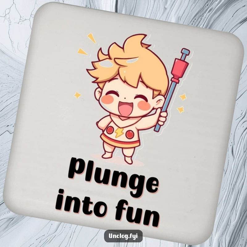 Funny drink coaster showing a character joyfully using a plunger with a triumphant look, a humorous addition that celebrates success.