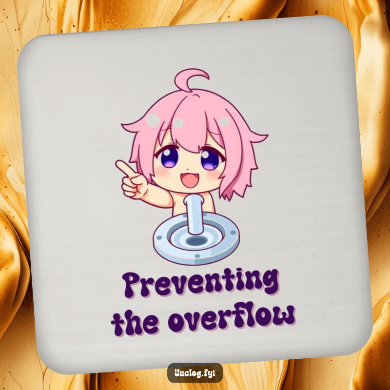 Funny drink coaster featuring a character triumphantly pointing to a perfectly clean drain, adding humor to table protection.