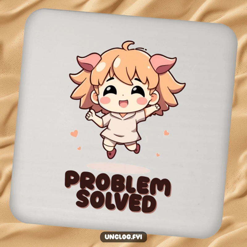Funny drink coaster with an energetic character jumping, symbolizing quick solutions and protecting surfaces with humor.