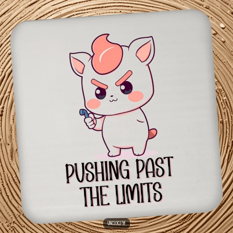 Funny Kawaii Coaster with a determined character pushing a plunger, offering a humorous and protective solution for tabletops.