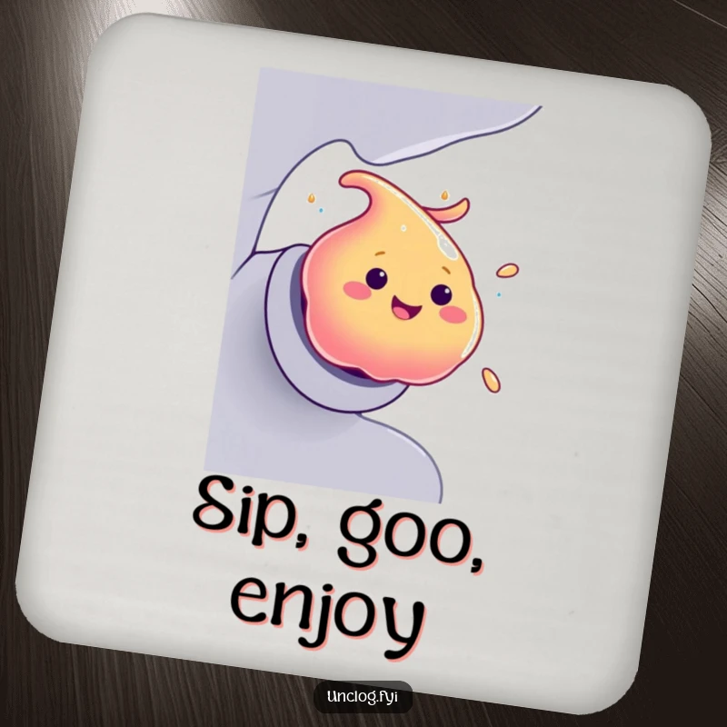 Funny Drink Coaster with a smiling blob of colorful goo making a swift, humorous exit from a pipe.