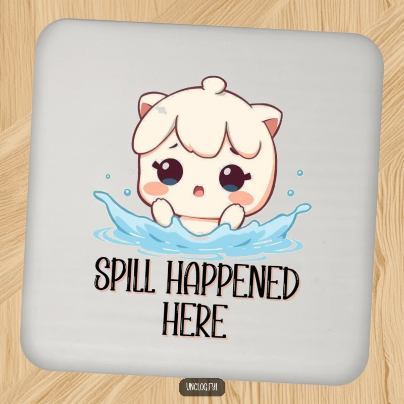Funny Drink Coasters featuring a kawaii character looking surprised by a sudden water splash, providing humorous surface protection.