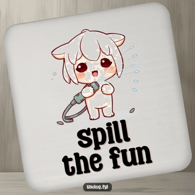 Funny Kawaii character spraying a hose, depicted on a drink coaster, adding a humorous and protective touch to tabletops.