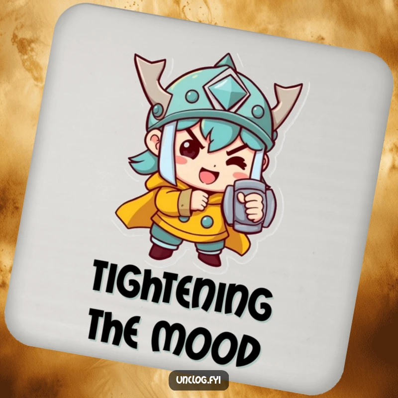 Funny Drink Coaster featuring a determined character cheerfully tightening a bolt, adding a focused and humorous touch to surfaces.